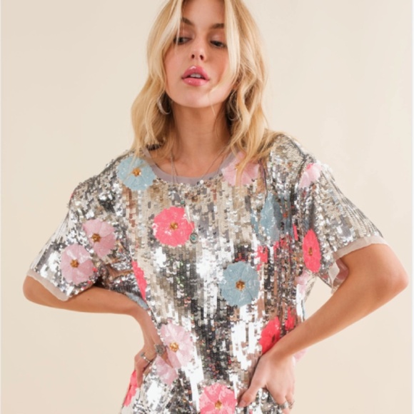 NWT!!! Silver Sequin Floral Mini Dress - Picture 3 of 15